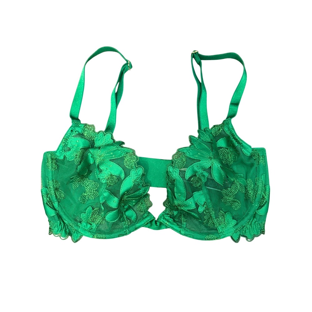 Victorias Secret Low Cut Demi Bra Green Floral Lace Underwire 32DD NEW